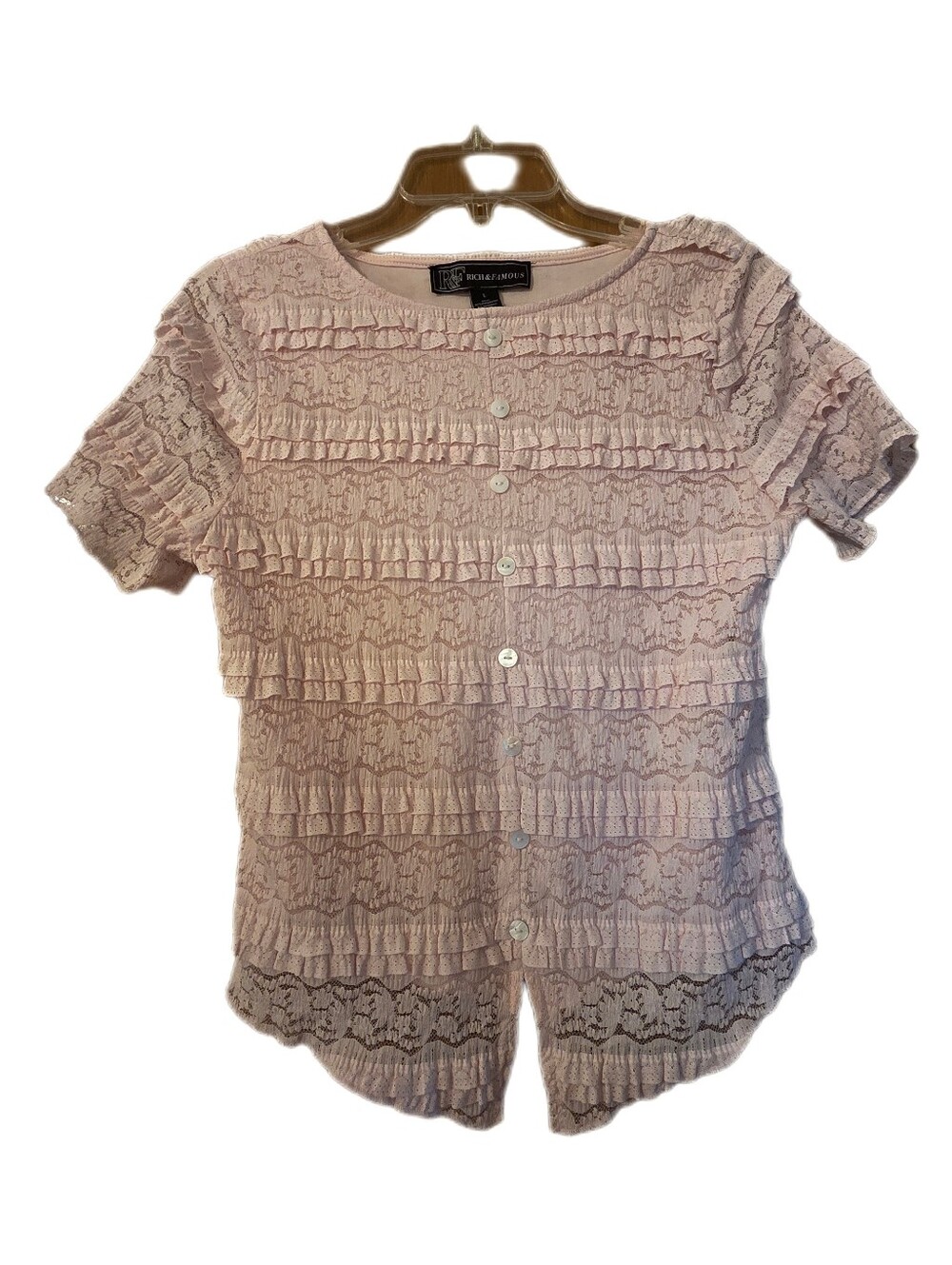 Rich & Famous Light Pink Layered Lace Crop Top Coquette Cottagecore Size Large